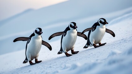 Obraz premium Three Chinstrap penguins descend a snowy slope.
