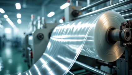 Operation of automatic plastic bag production machine with lighting effect. Close-up view of the roller in the plastic bag production machine.