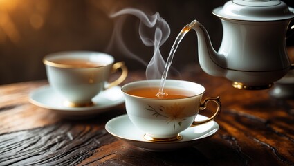 Fototapeta premium Healthy drinks concept featuring hot flower tea being poured from a teapot into a white cup on a dark wooden table. (close-up, selective focus, space for text)
