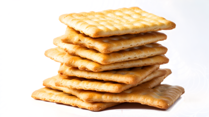 A stack of crackers on a white background. The crackers are stacked on top of each other, creating a pyramid shape. Concept of abundance and indulgence, as the crackers are piled high