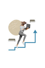 Vertical creative composite photo collage of headless girl with tiger head hold laptop run upsteirs...