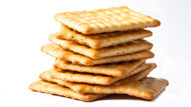 A stack of crackers on a white background. The crackers are stacked on top of each other, creating a pyramid shape. Concept of abundance and indulgence, as the crackers are piled high
