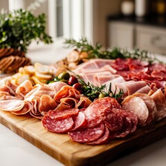 Elegant charcuterie board featuring salami, ham, cheese, olive, and cracker assortment on a wooden serving board