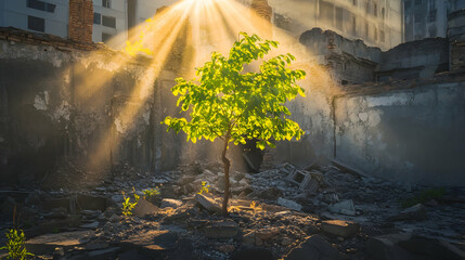 Resilient tree growing amid ruins with sunlight beams