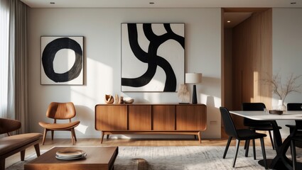 Stylish living room interior of a contemporary apartment featuring a wooden commode, design table, chairs, carpet, abstract artwork on the walls, and unique personal accessories in home decor.