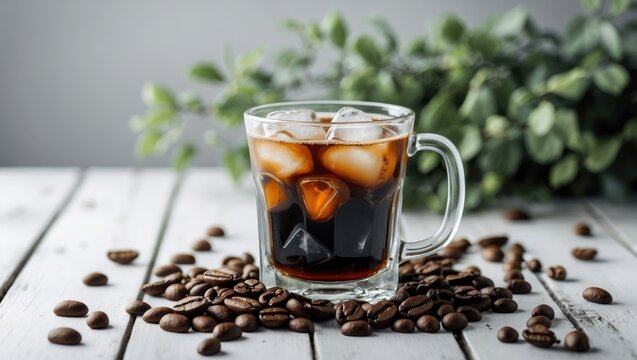 Iced Americano coffee served with coffee beans arranged on a white wooden table, black iced coffee. - Powered by Adobe
