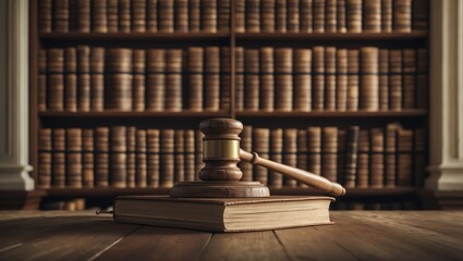 Law, legal decision, legislation, litigation, court ruling, judicial system, and civil rights and social justice concept featuring a judge's gavel on a textbook in a lawyer's office.