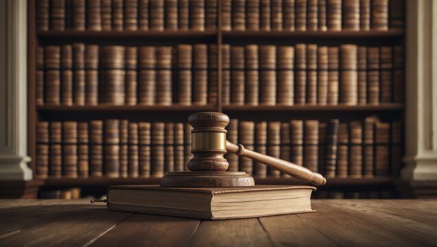 Law, legal decision, legislation, litigation, court ruling, judicial system, and civil rights and social justice concept featuring a judge's gavel on a textbook in a lawyer's office.