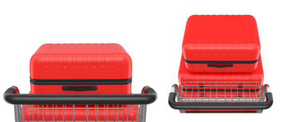 Set of Regular polycarbonate suitcase on hotel trolley cart for carrying baggage on white background. 3d render travel concept of hotel service on vacation and luggage transportation