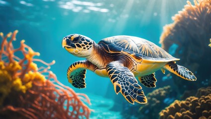 Fototapeta premium Eretmochelys imbricata Hawksbill sea turtle gliding through a blue lagoon.