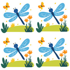 seamless pattern background Blue Cute smiling dragonfly with flowers