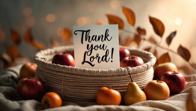 Thank You, LORD, note with autumn produce and soft-focus background.