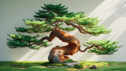 Bonsai pine tree positioned against a wall