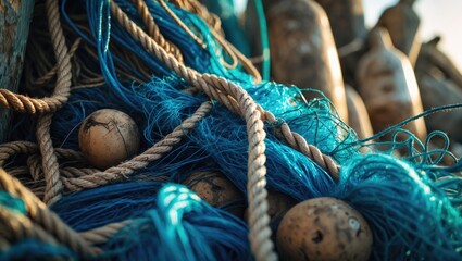 Fishing net with rustic buoys in the background.