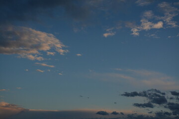 The evening sky is in small light and dark clouds