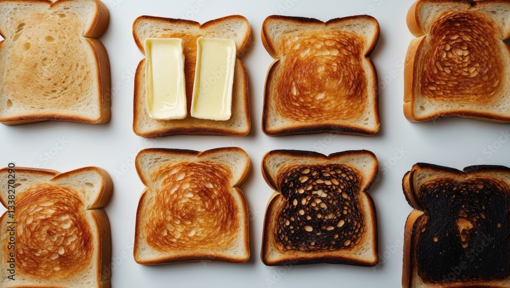 Poster bread toasts isolated, square toasted sandwich slices, pieces of loaf for toast on white background 