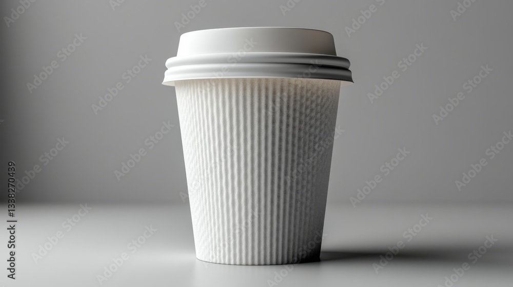 Poster A single white paper cup with a ribbed texture stands upright on a flat surface. The cup is empty and surrounded by a clean, minimalist background illuminated by soft light.