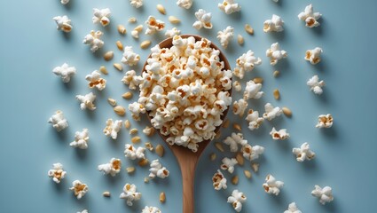 Top-down perspective of nut in a wooden spoon against a light blue background with vertical orientation and copy space.