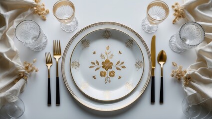 White plates with gold pattern and black cutlery! Festive table arrangement. Aerial view. Crystal saltcellars and glasses. Set against a white background.