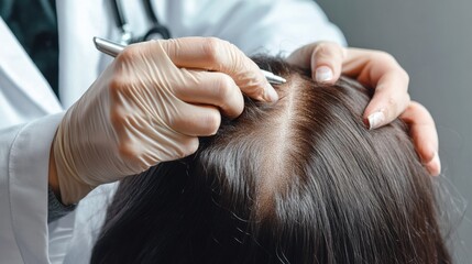 A doctor diagnosing a female patient with pattern hair loss