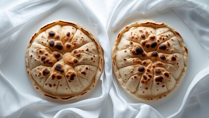 Egyptian Bread with Bran Two loaves on a white background viewed from above.