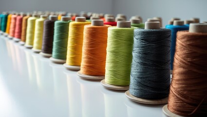 Spool of sewing thread, isolated against a backdrop. Colored yarns utilized by factories in the apparel industry. Threads wound around the spool. Colored reels.