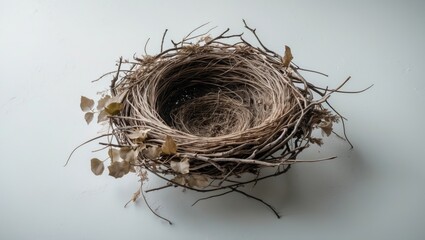 Empty bird's nest isolated against a white background.