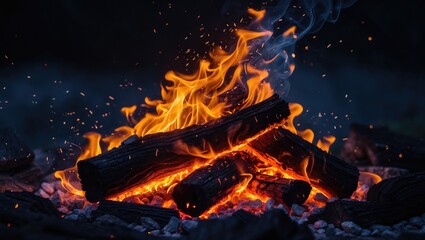 The flames swirl around the logs, brightening the night and creating a tranquil atmosphere ideal for gatherings.