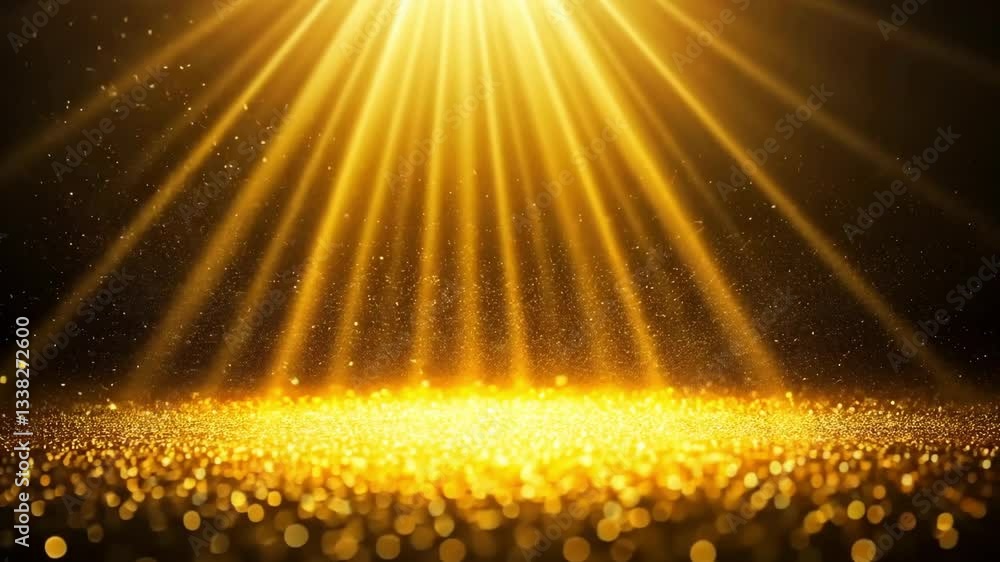 Poster golden light beams shining down on a glittering surface with bokeh effect and dark background space