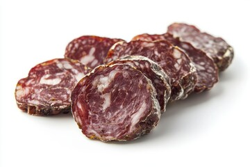 Close up image of several slices of delicious sausage on a white table in studio with soft shadows for healthy meal