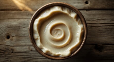 Top-down view of sourdough bread starter in bowl
