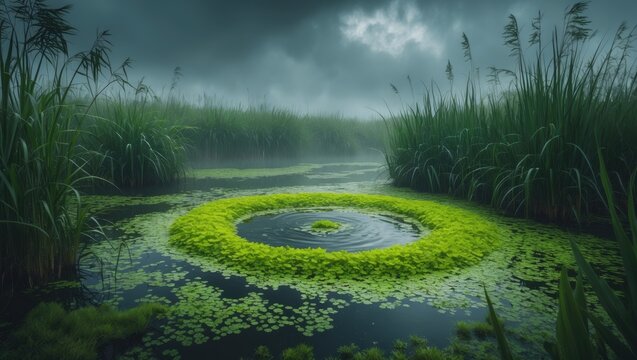 Eutrophic settling pond filled with aquatic plants and duckweed.