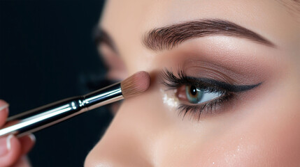 A makeup artist is applying eyeshadow on a young beautiful woman