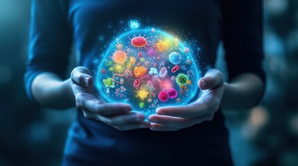 Doctor holding sphere showing colorful virus and bacteria: healthcare and science concept
