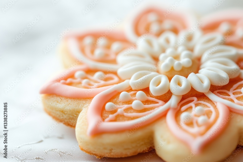 Poster close up of a delightful flower cookie with intricate royal icing design on a textured background