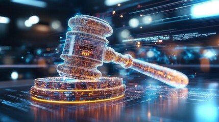 High-tech gavel and court elements illustrate the digital justice system dynamics