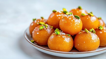 Delicious Gulab Jamun Delight Aromatic Indian Dessert with Pistachio Nuts Culinary Sweetness Backdrop