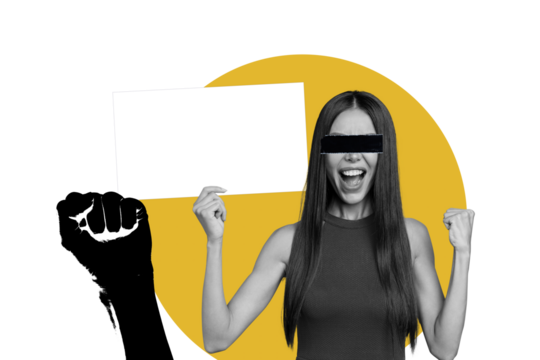 Creative collage banner picture young shouting girl no eyes censorship vision demonstrate protest against authority control