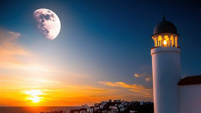 Coastal sunset view with lighthouse