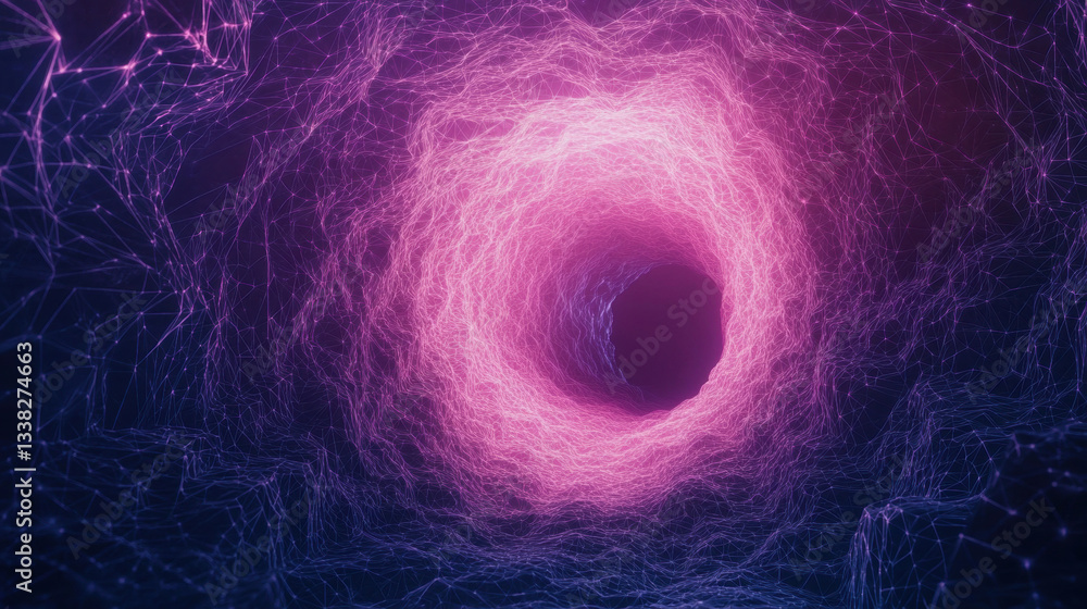 Poster mesmerizing digital artwork featuring glowing pink vortex surrounded by intricate network patterns, 