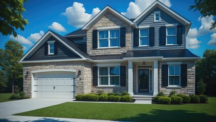 Obraz premium Aerial perspective of intricate facade featuring stone veneer, gable pitched roof, gray horizontal vinyl siding, dark shutters on white frame elegant double sash windows of a single family home.