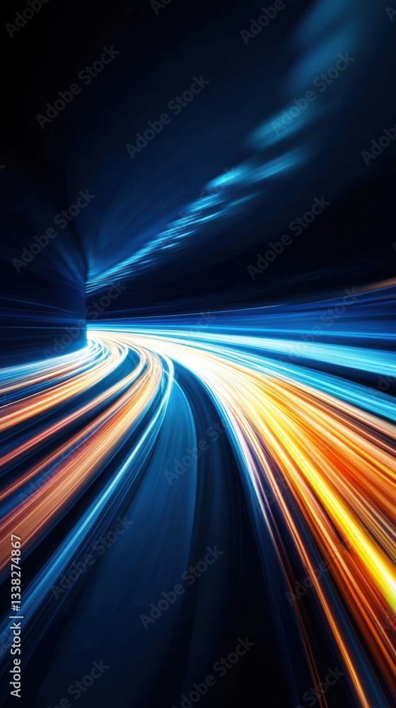Poster dynamic light trails moving across a dark abstract background, glowing motion. vertical