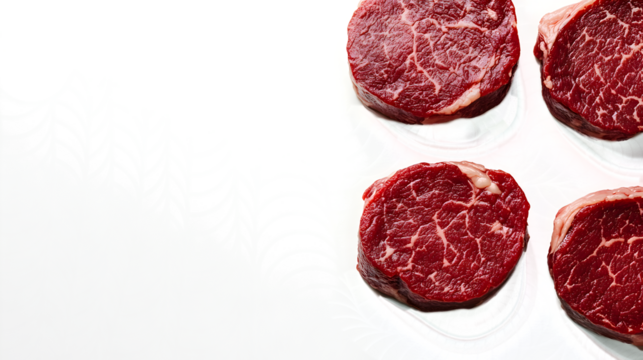 Four pieces of meat are displayed on a white background. The meat is red and he is beef. Concept of abundance and luxury, as the meat is presented in a visually appealing manner