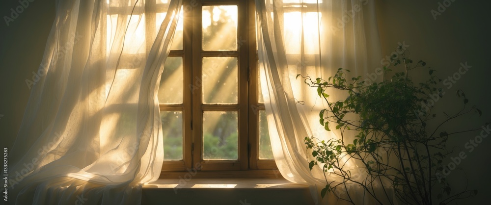 Poster wind flows through the open window of the room. white curtains billow from the window. sunlight stre