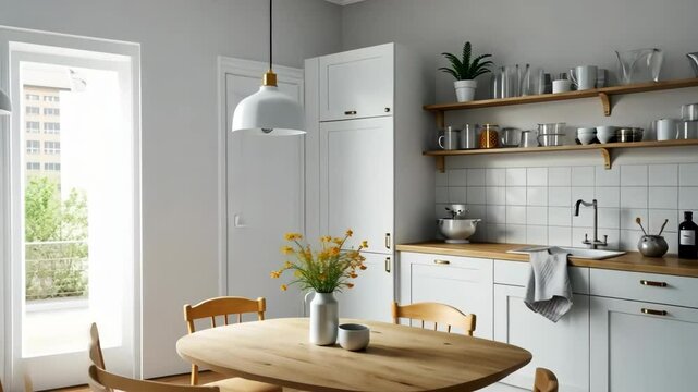 A bright kitchen featuring white cabinets and wooden shelves with various kitchenware items visible