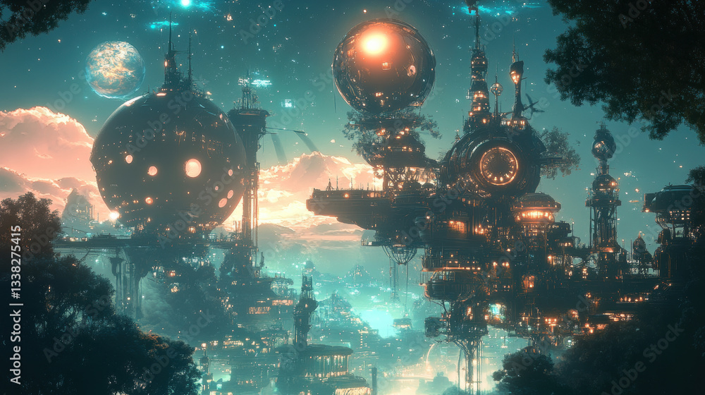 Poster futuristic cityscape with glowing orbs and intricate structures set against starry sky, evoking sens