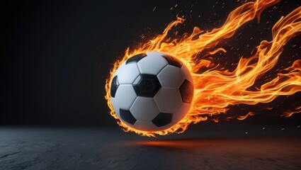 Naklejka premium A soccer ball soars with lightning-fast magical effects in a futuristic orange flame against a black background.