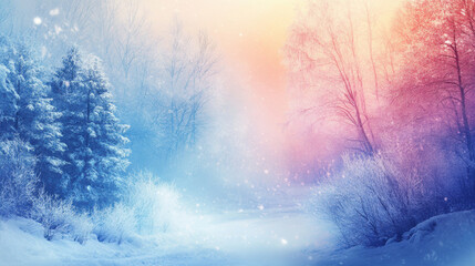 serene winter landscape with snow covered trees and colorful sky creates magical atmosphere. soft glow of sunset enhances tranquil scene