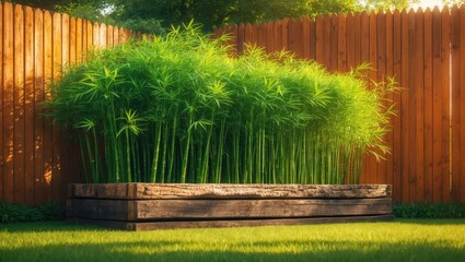 Green bamboo plants in a rectangular raised bed, planter, or trough constructed from wooden railway sleepers. Screening a garden panel fence. Outdoors on a sunny day.