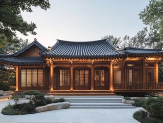 A traditional wooden building with curved roof and surrounding garden